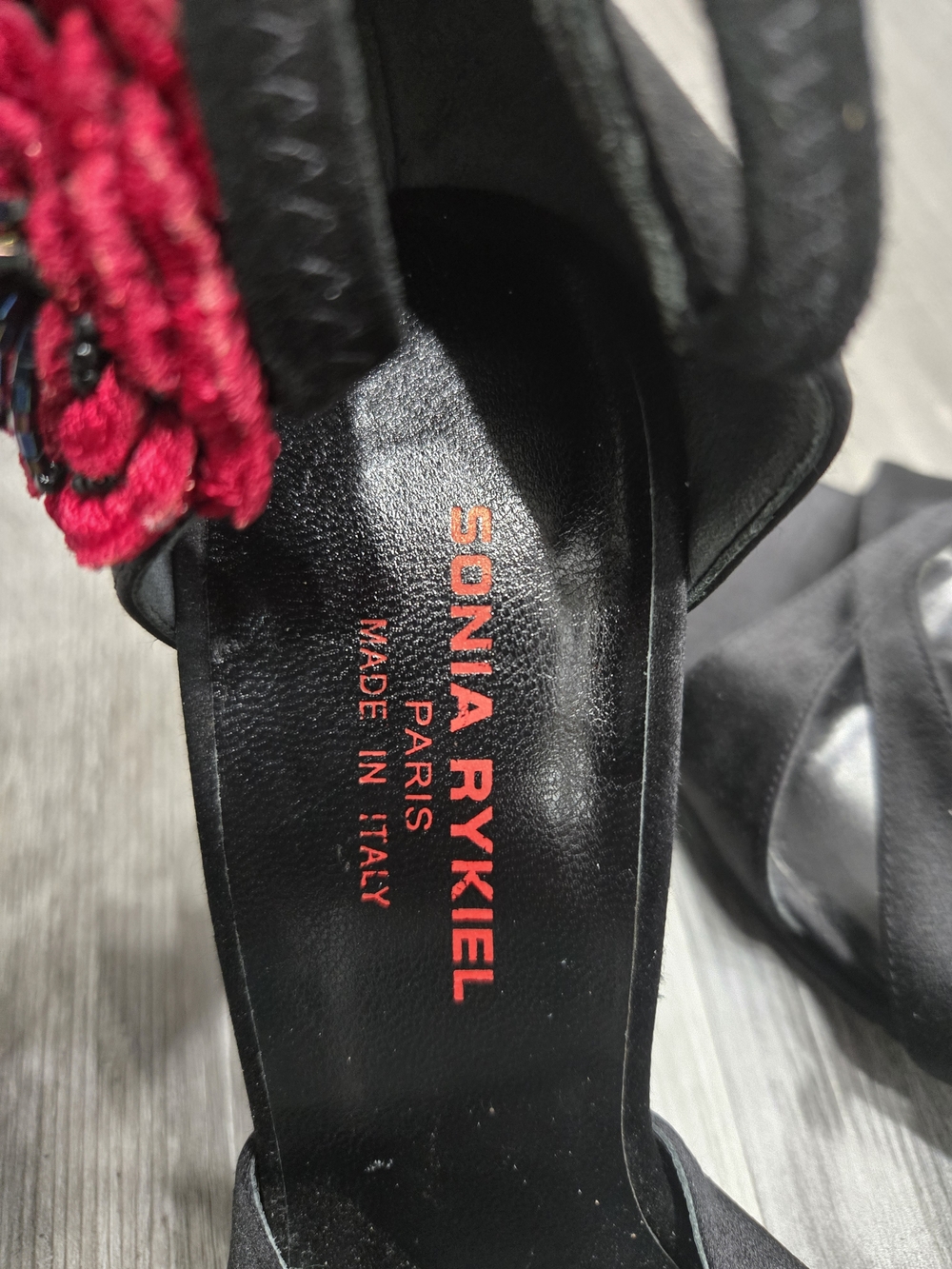 Sonia Rykiel Black Satin Heels with Red Floral Accent - Picture 6 of 8